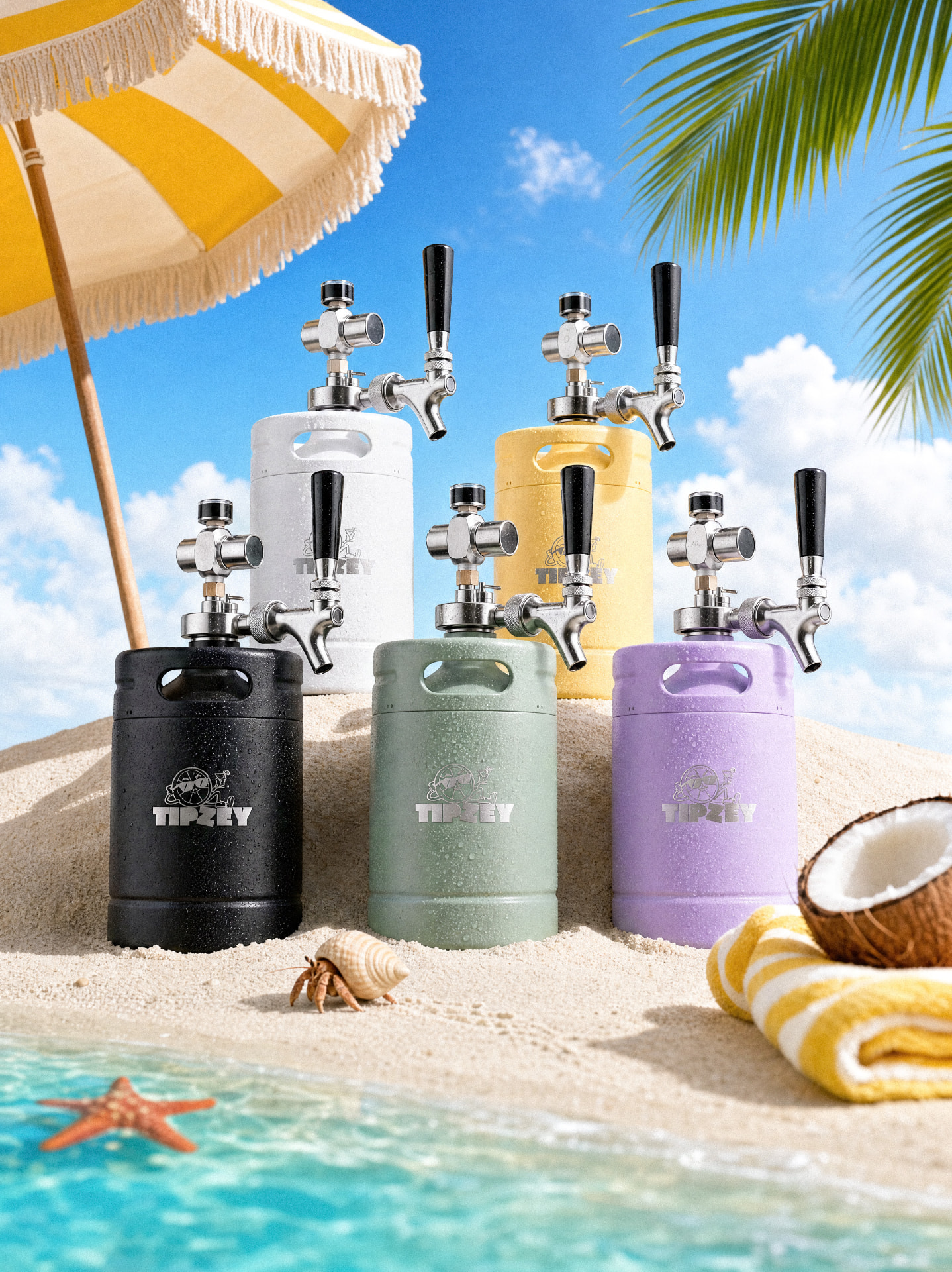 Tipzey portable mini kegs grouped on a sunny beach